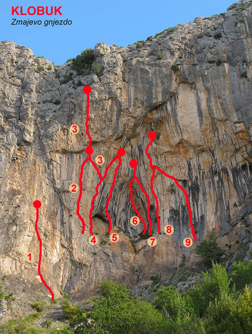 SMJEROVI: 1.Macaklin (6c) 2.Jober (7a+) 3.Toleranca (7b), ekstenzija projekt 4.Passo doble (7b+) 5.Heart of gold (7c) 6.Diabolik (7b) 7.U zmajevom gnjezdu (7b+) 8.Honeymoon (7a+) 9.Reposa activa (7c)